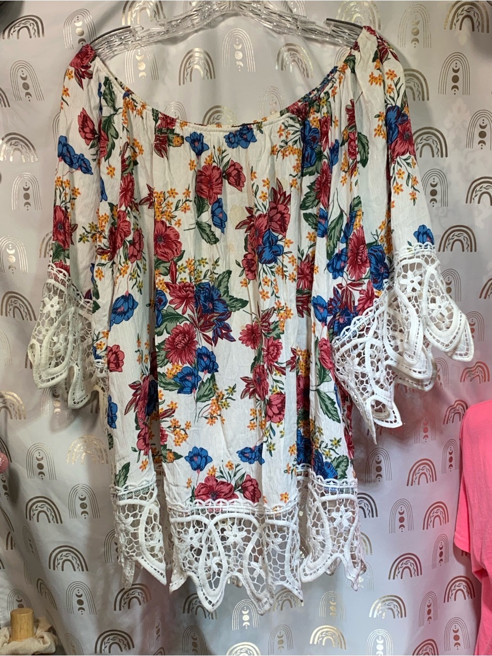Rouge Helium White Floral Off-Shoulder Blouse with Crochet Hem
